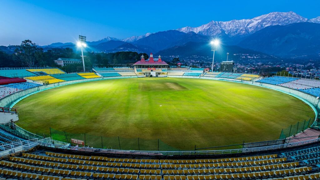 Himachal Pradesh Cricket Association Stadium with Himalayan Mountains in Dharamshala